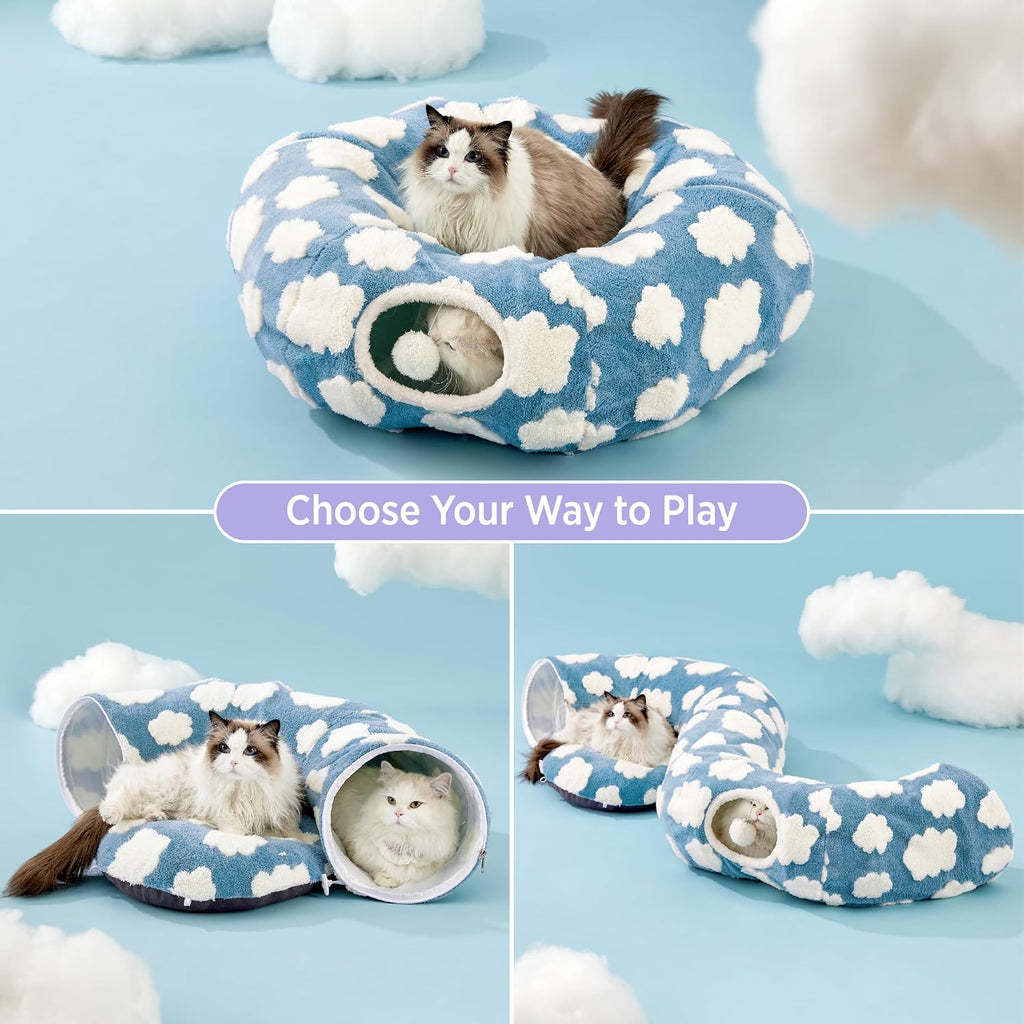 Donut cute jacquard cat tunnel bed kitten toys for puppy bunny | 33.5x33.5x10in, round cat bed tube for indoor cats rabbit dog, pet peekaboo cave toy, spiral hideaway, washable cushion, blue - view 2