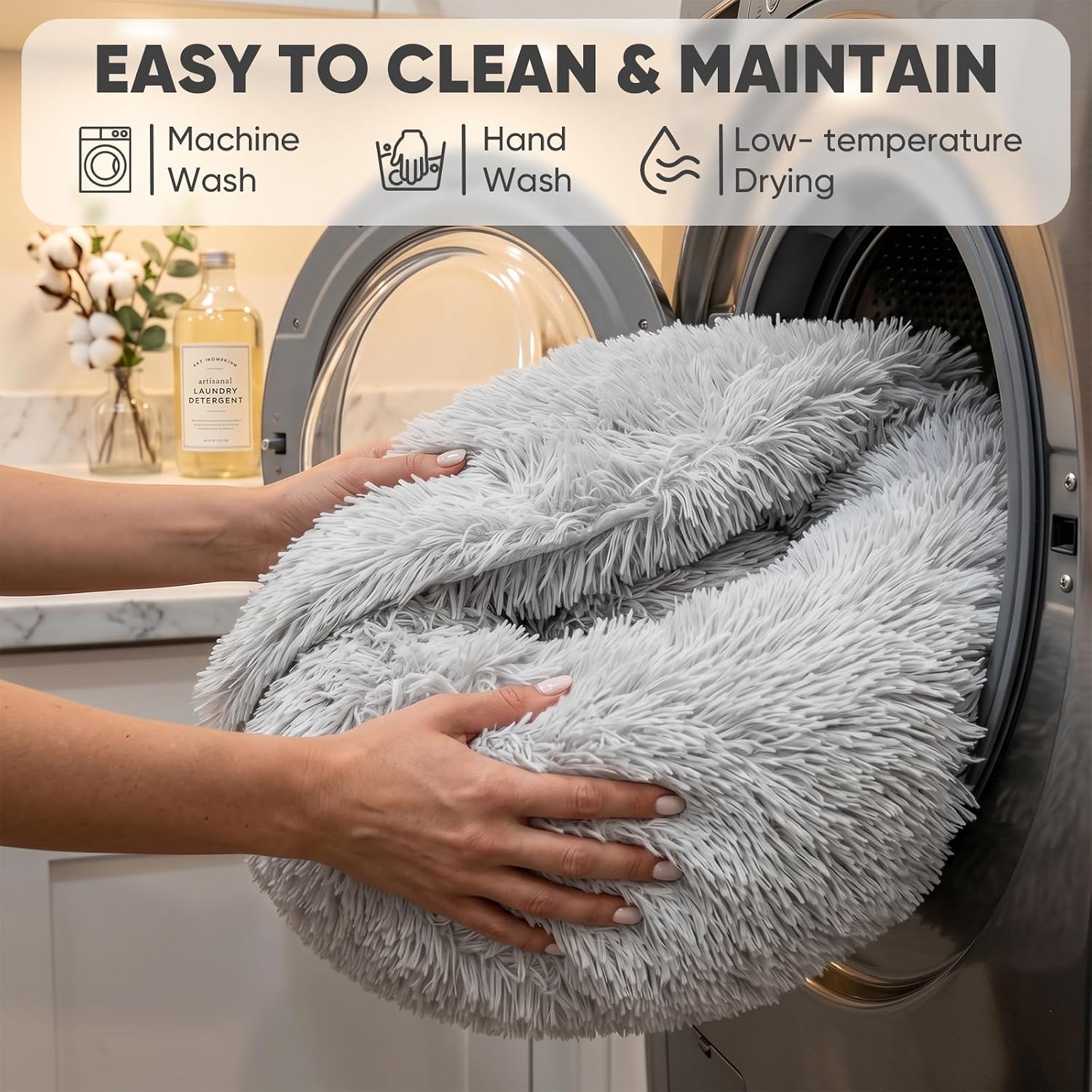 Small cat & dog bed with cover, calming dog bed for small dogs, anti-anxiety donut dog bed with attached blanket, washable round fluffy pet bed (20"/26"/35"), light grey - view 7