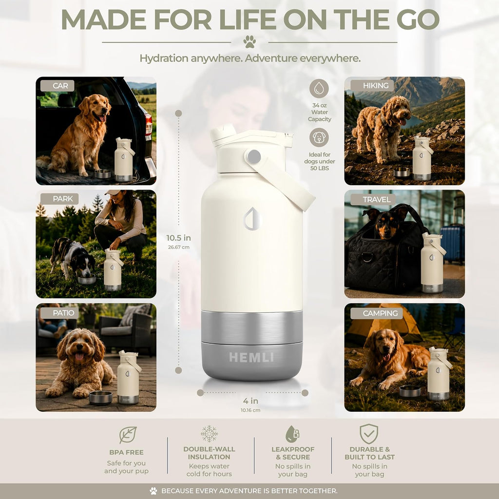 32 oz. dog water bottle, insulated dog travel water bottle, stainless steel pet water bottle dispenser portable food and water bowl for dogs for walking dog canteen travel kit - view 5