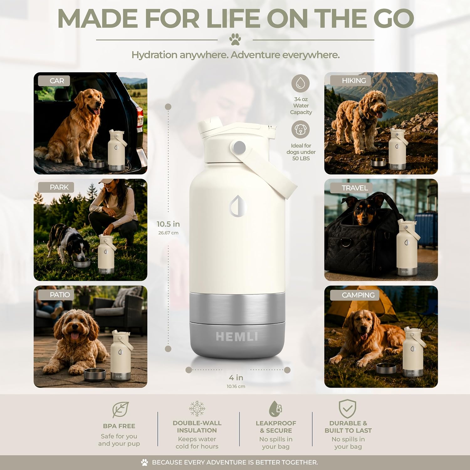 32 oz. dog water bottle, insulated dog travel water bottle, stainless steel pet water bottle dispenser portable food and water bowl for dogs for walking dog canteen travel kit - view 5