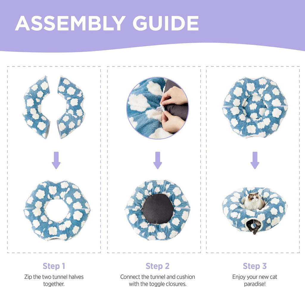 Donut cute jacquard cat tunnel bed kitten toys for puppy bunny | 33.5x33.5x10in, round cat bed tube for indoor cats rabbit dog, pet peekaboo cave toy, spiral hideaway, washable cushion, blue - view 6