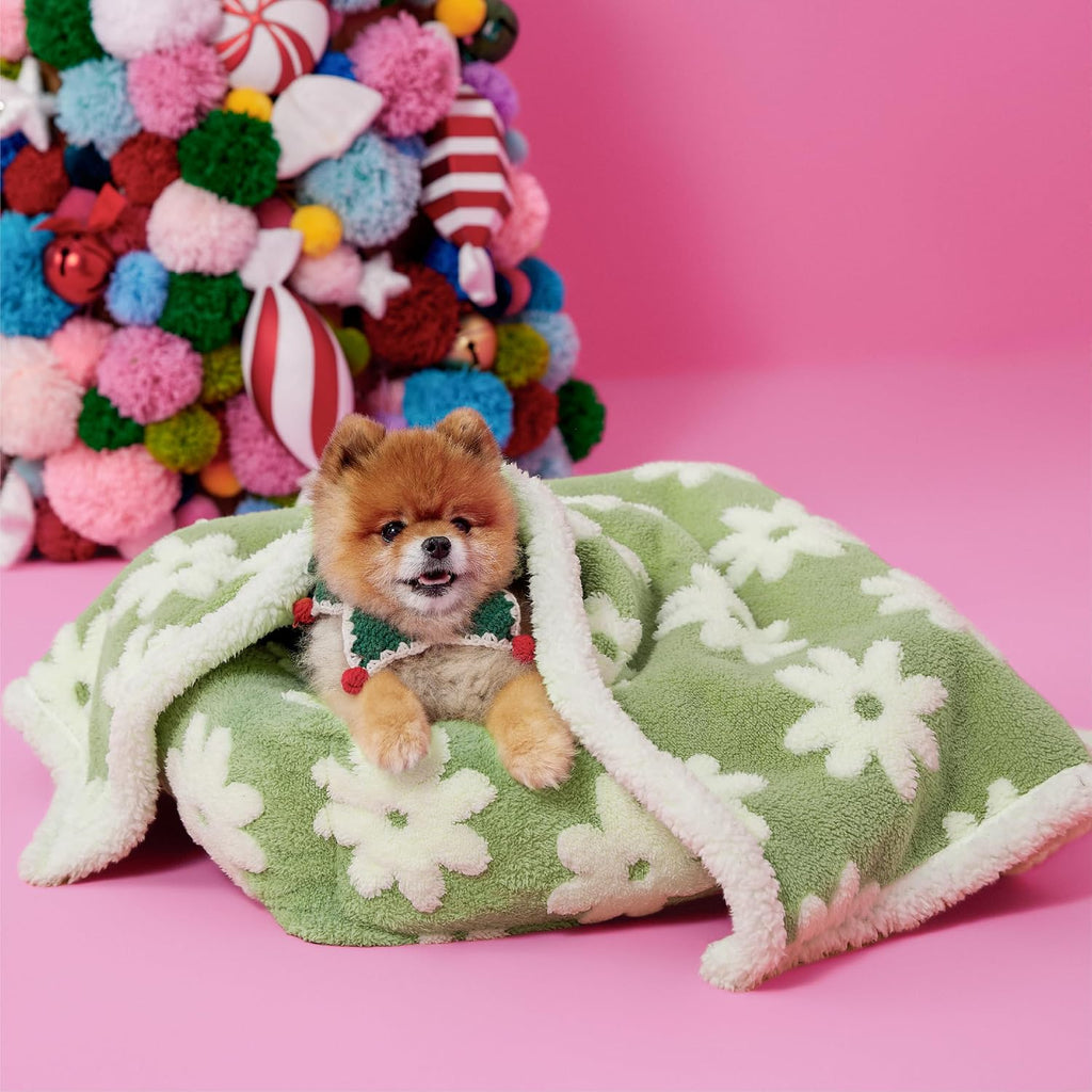 Waterproof Dog Blankets for Small Dogs Cute Cozy 3D Jacquard,25x35 | Puppy Blanket for Cat Aesthetic Gift, Warm Soft Sherpa Throw Washable, Reversible Pet Couch Protector, Flower Garden Green - view 2
