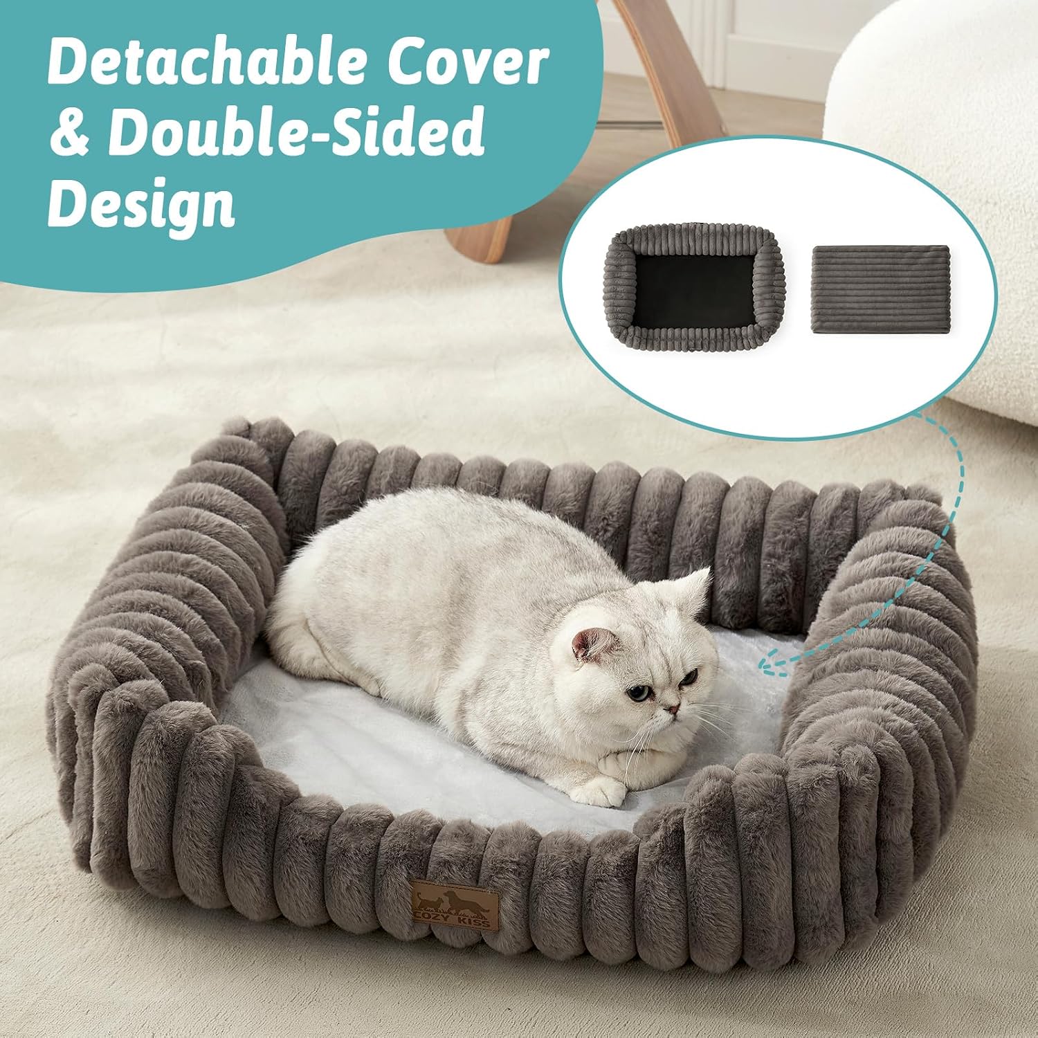 Orthopedic dog bed for small dogs & cats - washable rectangle pet bed with anti-slip bottom, soft calming cat & puppy bed for indoor pets (25"x21"x6", grey) - view 5