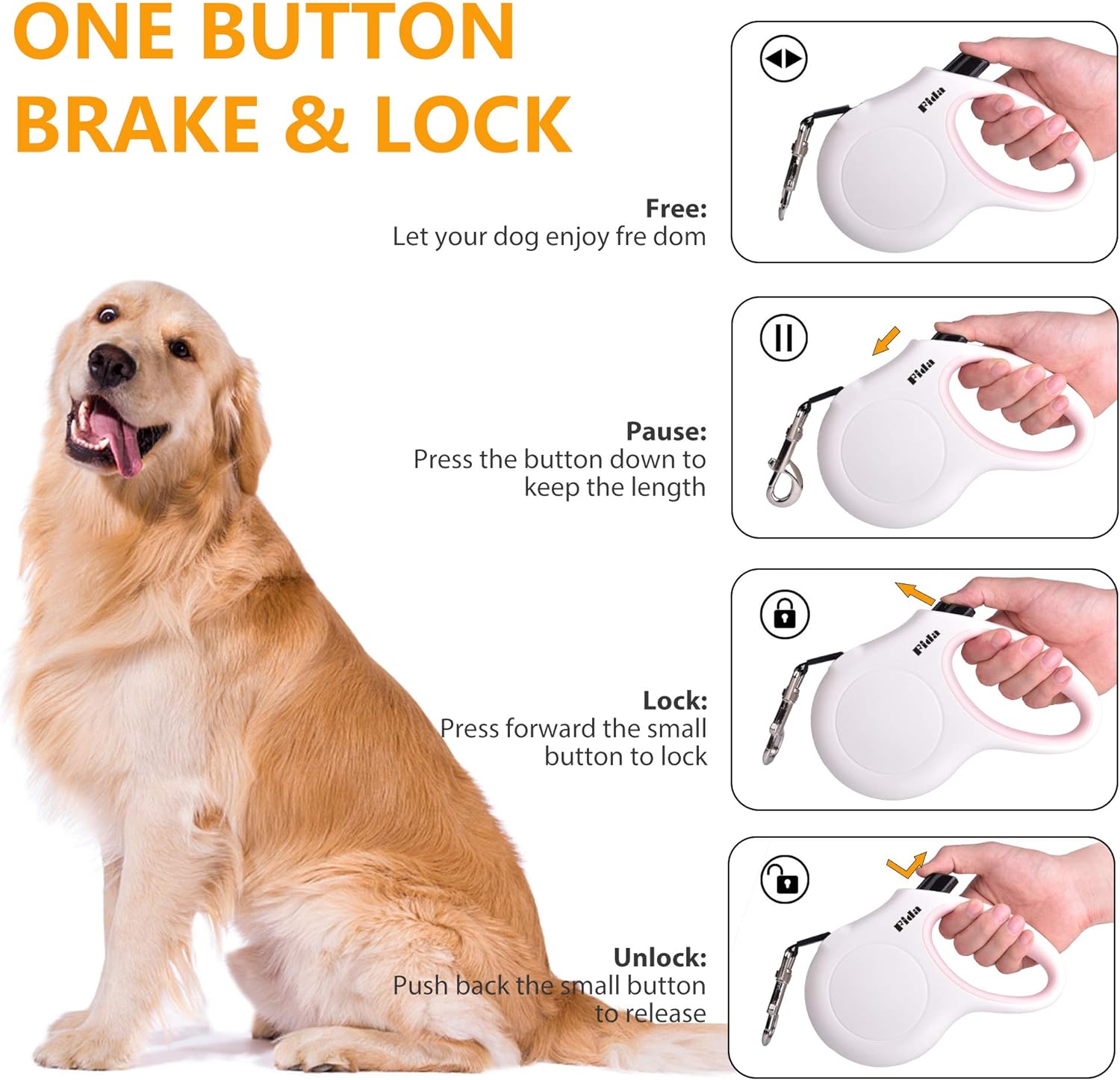 Fida Retractable Dog Leash for Small Breed up to 26 lbs, 16 ft Pet Walking Leash with Dispenser and Poop Bags, Anti-Slip Handle, Reflective Strong Nylon Tape, One-Handed Brake (S, White & Pink) - view 4