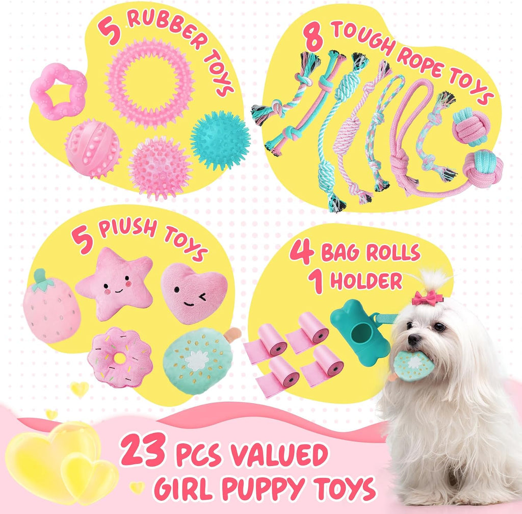 Pink Puppy Toys for Boredom - 23 Pack Puppy Chew Toys for Teething, Interactive Dog Toys for Puppies, Cute Small Dog Toys with Treat Ball, Squeaky Dog Chew Toys and Ropes - view 3