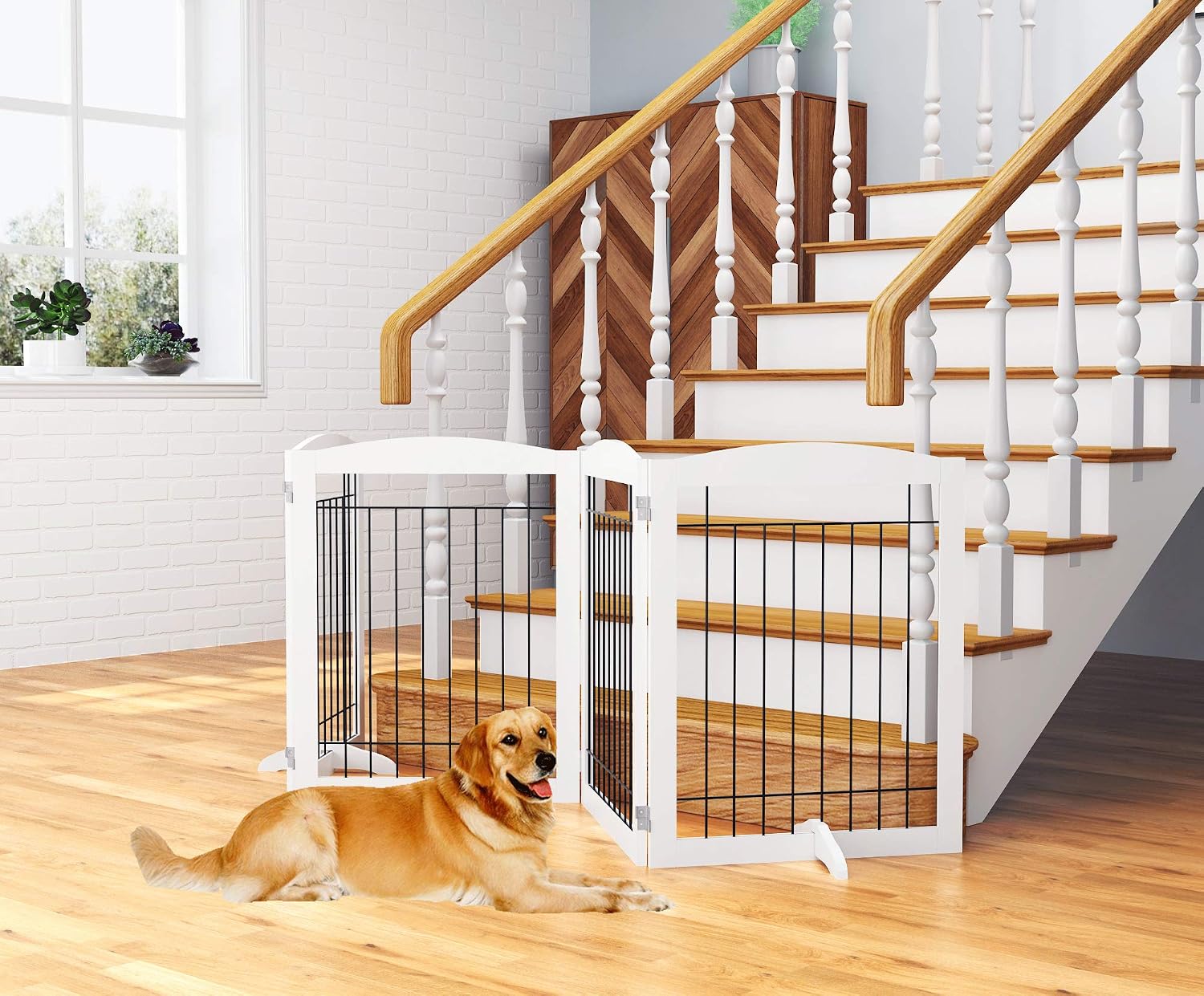Extra Wide Dog gate for The House, Doorway, Stairs, Dog Fences Indoor, Freestanding Foldable Wooden Pet Gates for Dogs, Set of Support Feet Included, 96 in Wide 30 in Tall, 4 Panels White | Freestanding Wooden Pet Gates for Dog, Dog Fences Indoor, Set of - view 3