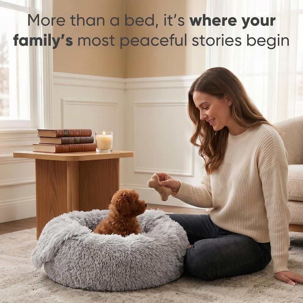 Small cat & dog bed with cover, calming dog bed for small dogs, anti-anxiety donut dog bed with attached blanket, washable round fluffy pet bed (20"/26"/35"), light grey - view 8