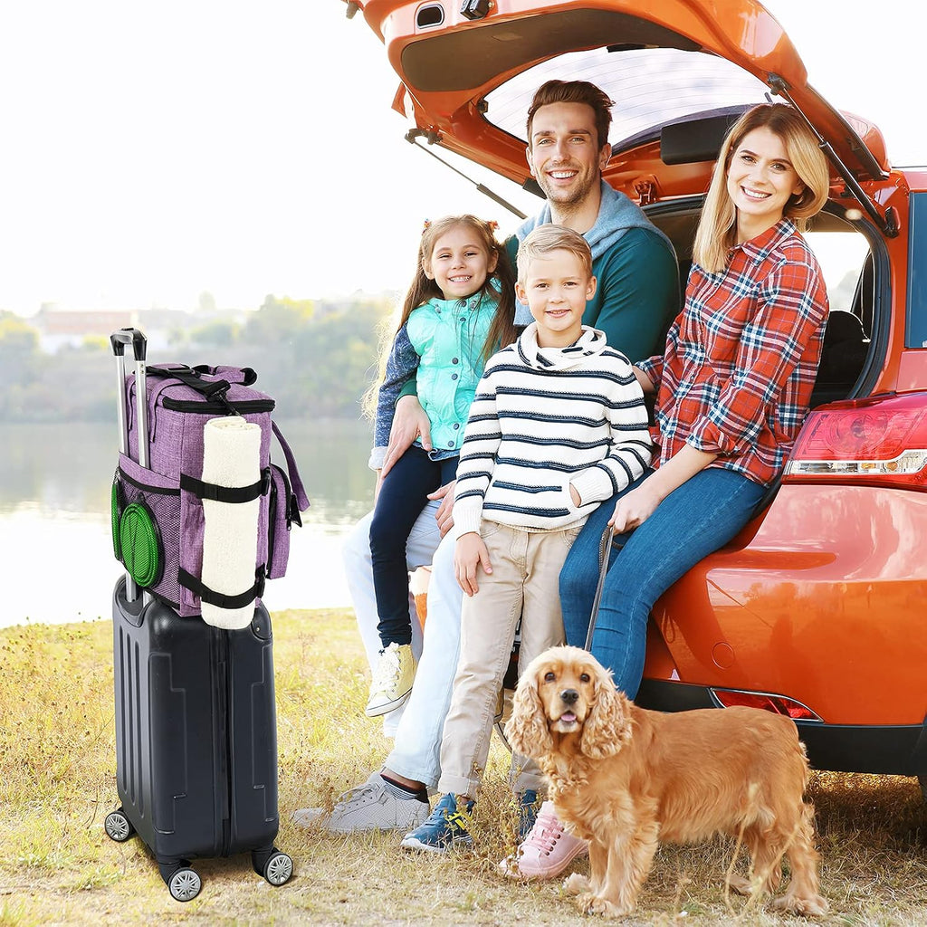 Dog Travel Organizer Carriers for Supplies & Accessories, Airline Approved Cat Pet Travel Bag, 2 Collapsible Bowls, 2 Travel Dog Food Container, Purple | Dog travel accessories set with feeding supplies, bowls, mat, and strap. Ideal for weekend trips. - view 7