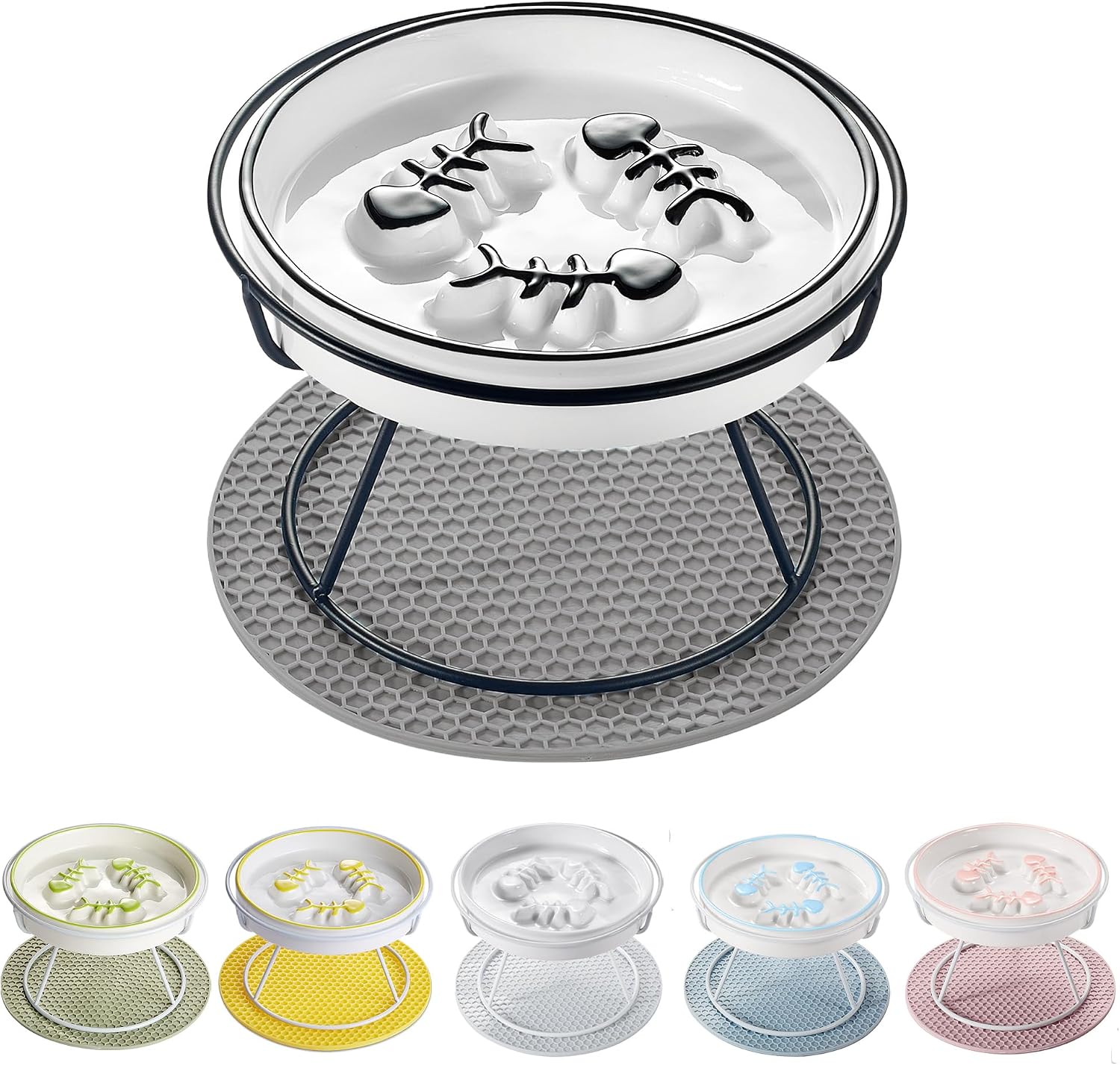 Ceramic elevated slow feeder cat bowl, anti vomit, removable dish, black | removable ceramic bowl slow feeder anti vomit whisker-friendly wet & dry food