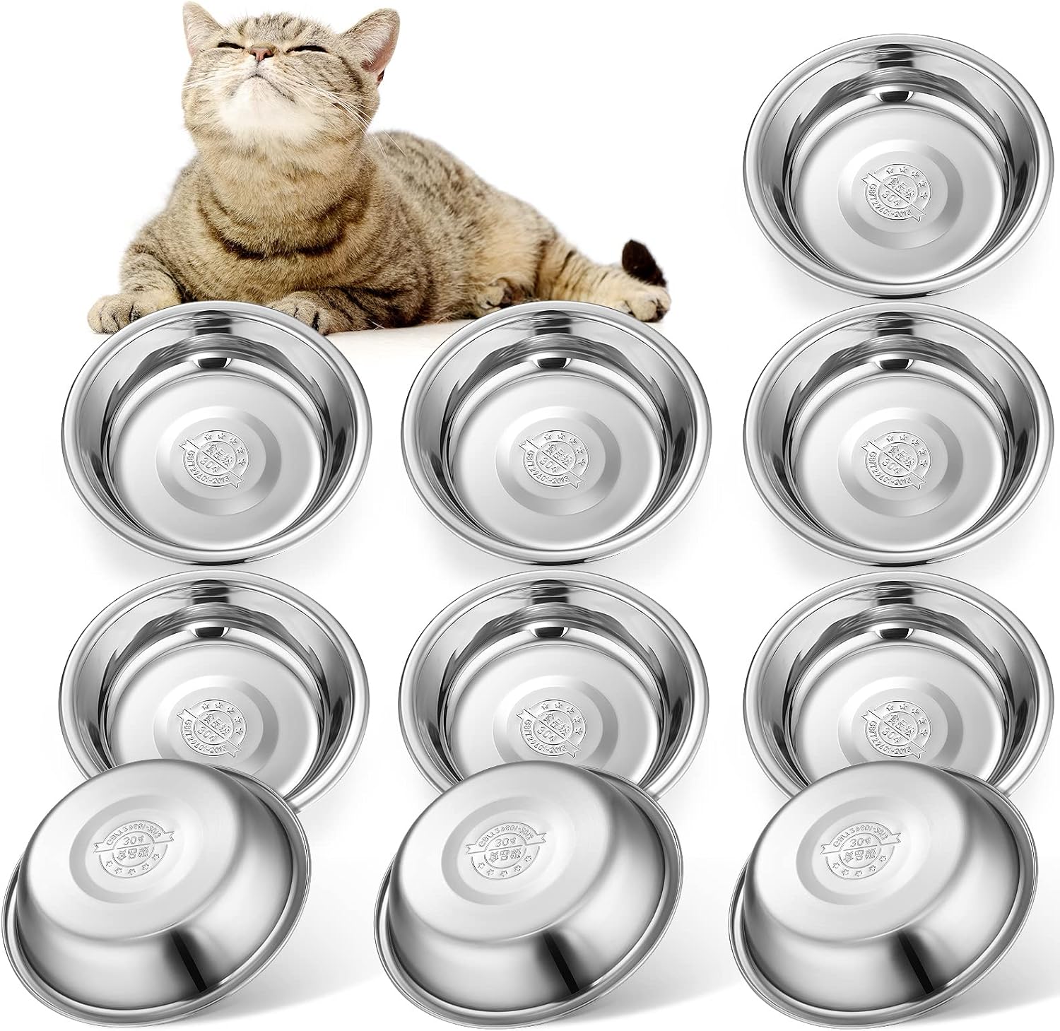 10 Pcs Stainless Steel Cat Bowls Bulk, Small Dog Shallow Food Bowls Replacement Metal Cat Dishes for Pet Food and Water, Dishwasher Safe(5.5 Inch Diameter)