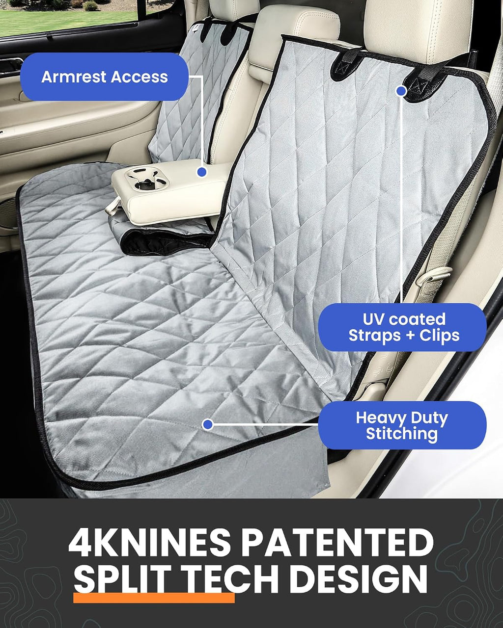 Dog Rear Seat Cover for Fold Down Seats - Fitted, Black Regular | Heavy-duty split design fits 60/40 and 50/50 fold-down seats. No Hammock. K9-Shield waterproof layer. Non-slip backing. - view 4