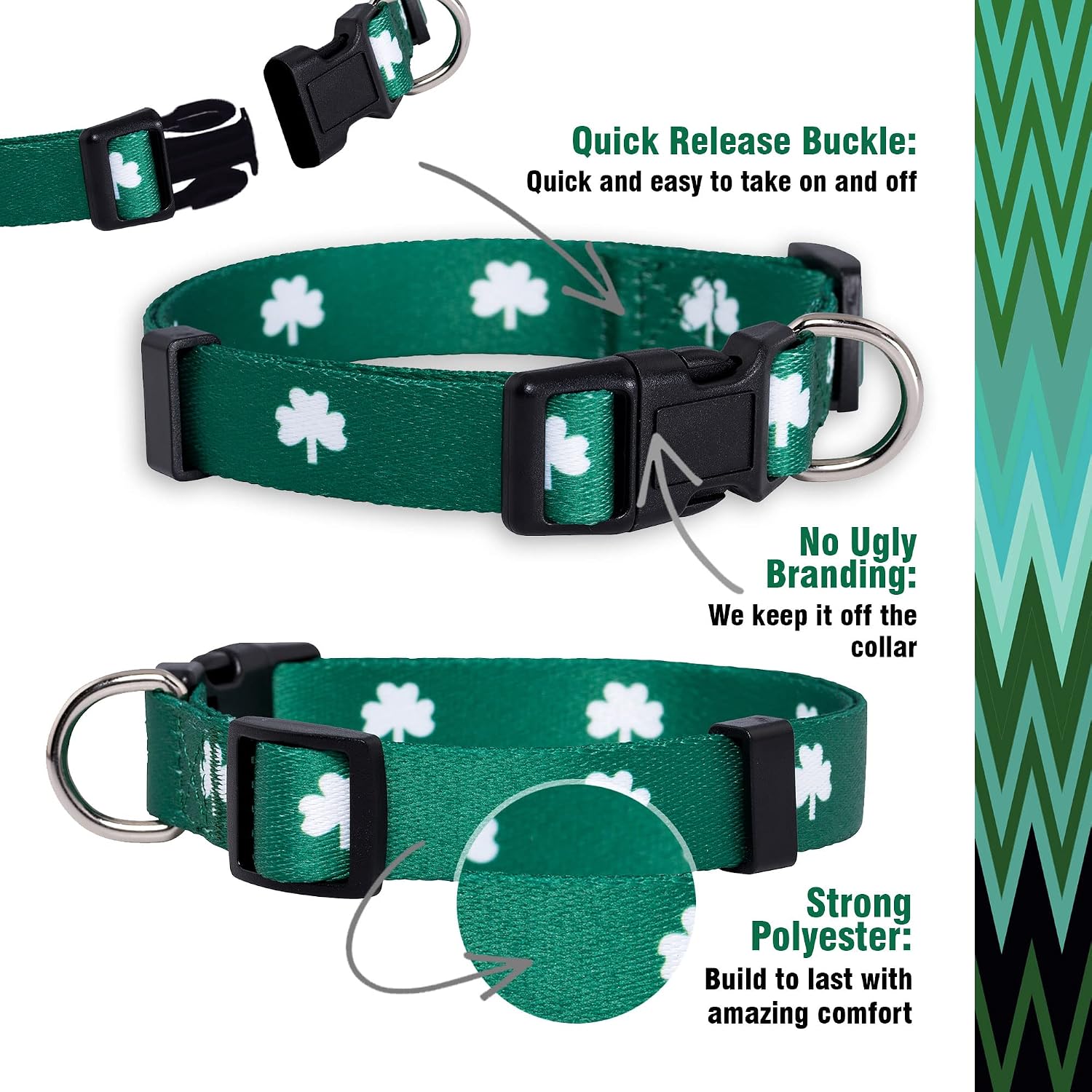 St Patricks Dog Collar- Saint Patrick Green Shamrock Pet Collars- St. Patrick’s Lucky Irish- Cute Boy Girl Puppy Gift- Adjustable for Small, Medium, Large Breeds (Shamrock, Small) - view 4