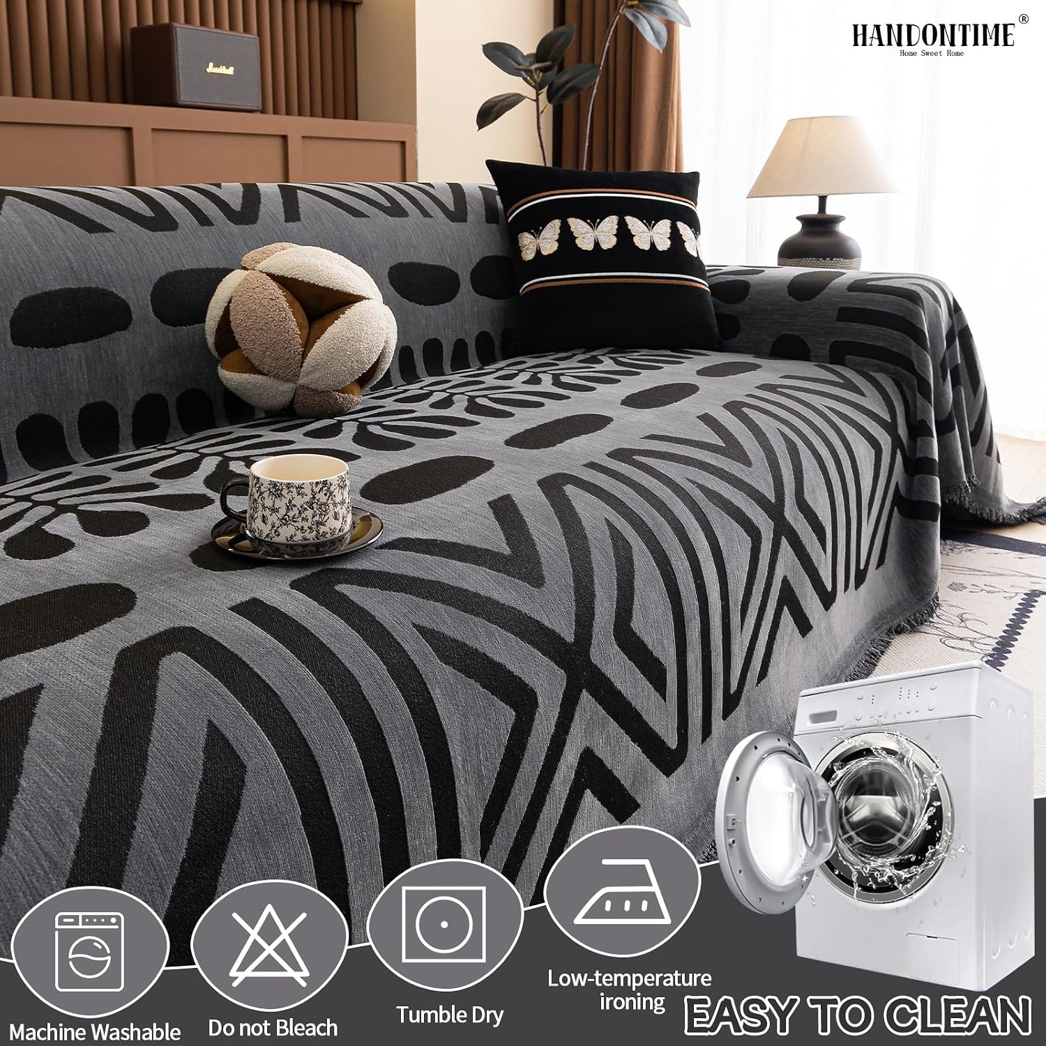 Boho Couch Cover Blanket Geometric Striped Pet Covers for Couches and Sofas Dark Grey and Black Dog Cover for Couch Pet Friendly Chenille Sectional Sofa Covers for Pets Washable, 71" X150" - view 6
