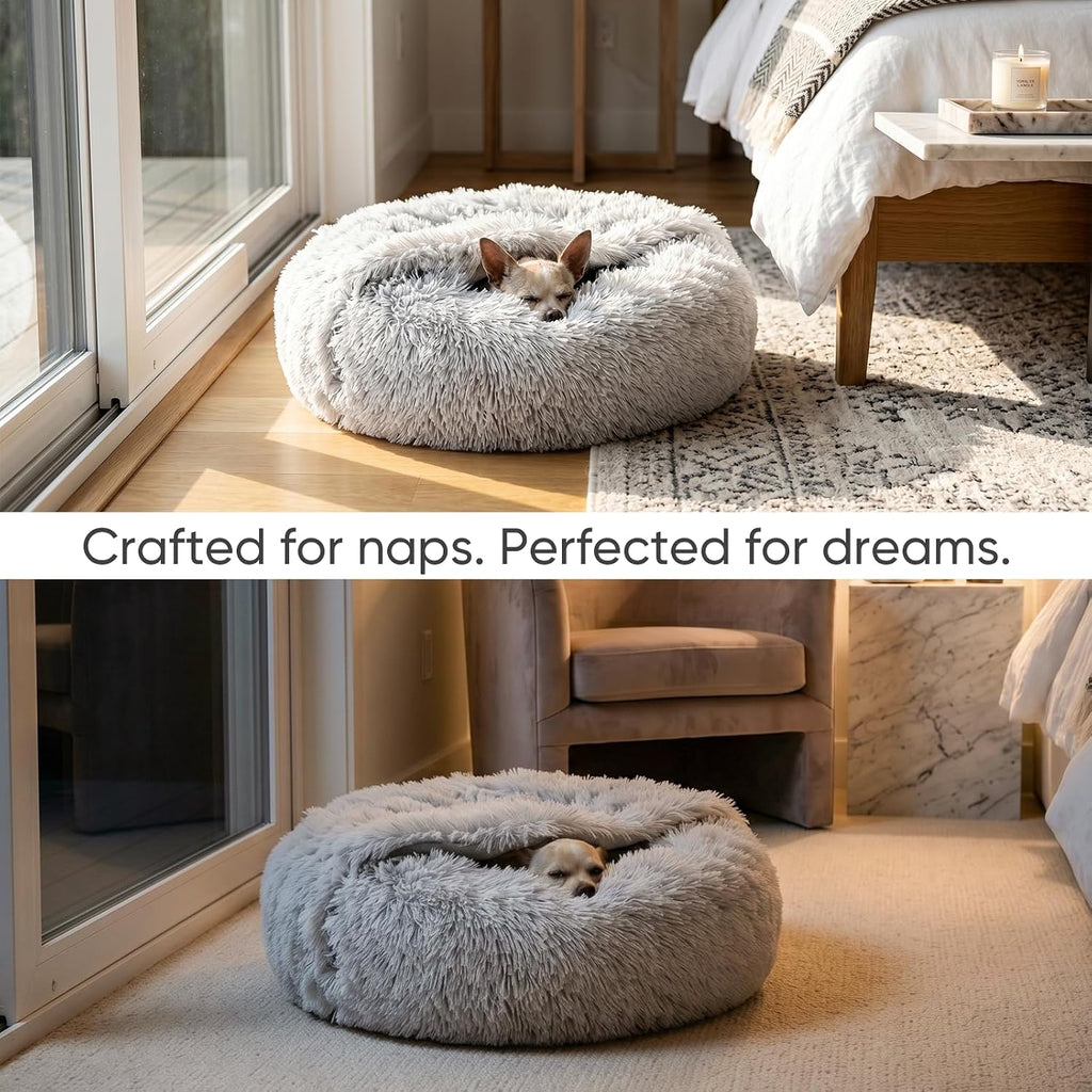 Small cat & dog bed with cover, calming dog bed for small dogs, anti-anxiety donut dog bed with attached blanket, washable round fluffy pet bed (20"/26"/35"), light grey - view 3