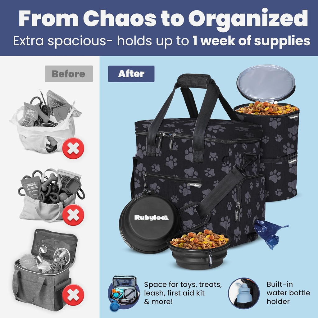 Dog travel bag for supplies with travel bowls | 2 BPA-free collapsible bowls, 2 pet food containers, TSA-ready, road trips, camping, weekend getaways, paw print - view 5