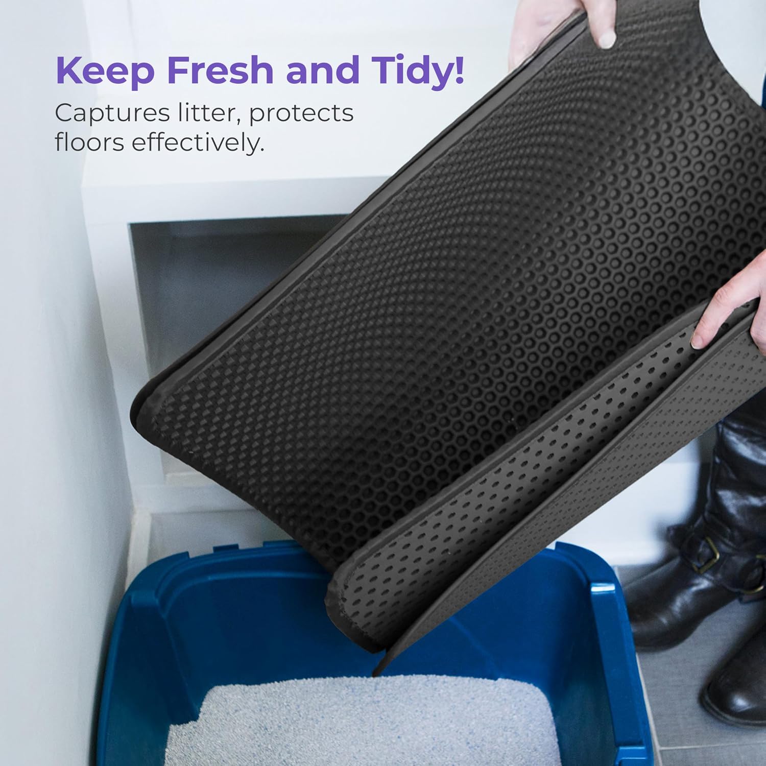Large Cat Litter Trapper Mat with Exclusive Urine/Waterproof Layer - Cat Litter Mat - Larger Holes with Urine Puppy Pad Option for Messy Cats - Soft on Paws and Light - 30" x 23" (Black Color) | Double layer honeycomb traps scattered litter while the wate - view 4