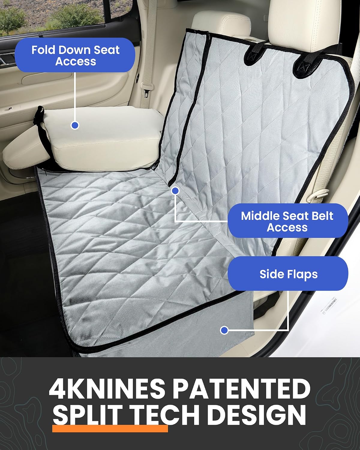 Dog Rear Seat Cover for Fold Down Seats - Fitted, Black Regular | Heavy-duty split design fits 60/40 and 50/50 fold-down seats. No Hammock. K9-Shield waterproof layer. Non-slip backing. - view 3