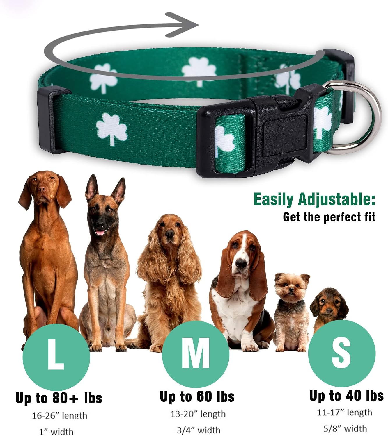 St Patricks Dog Collar- Saint Patrick Green Shamrock Pet Collars- St. Patrick’s Lucky Irish- Cute Boy Girl Puppy Gift- Adjustable for Small, Medium, Large Breeds (Shamrock, Small) - view 3
