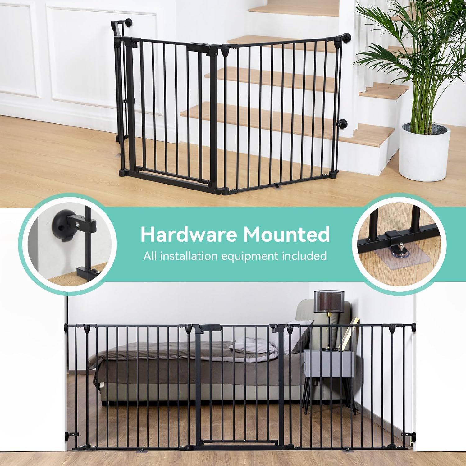 80" Extra Wide Baby Gate, Dog Gate for House Stairs Doorways | Auto Close Pet Gate with Door Walk Through, 3 Metal Panels, Hardware Mounted Baby Fence Indoor Outdoor(30" Tall, Black) - view 2