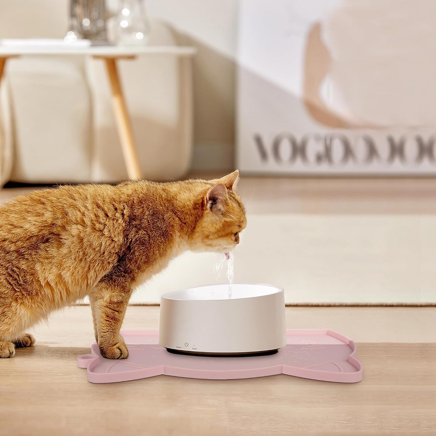 Cat Food & Water Mat Thicker Non-Slip Silicone Mat with Raised Edge | Pink water food bowl mat,Feeding Fountain mat for indoor cats - view 7