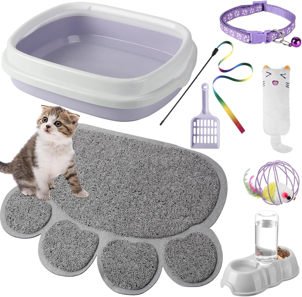 7 pcs small cat kitten starter kit cat litter box with shovel paw litter mat double automatic kitten bowls toy teaser stick collar essentials kits for 1-3 lbs beginner (stylish, purple)