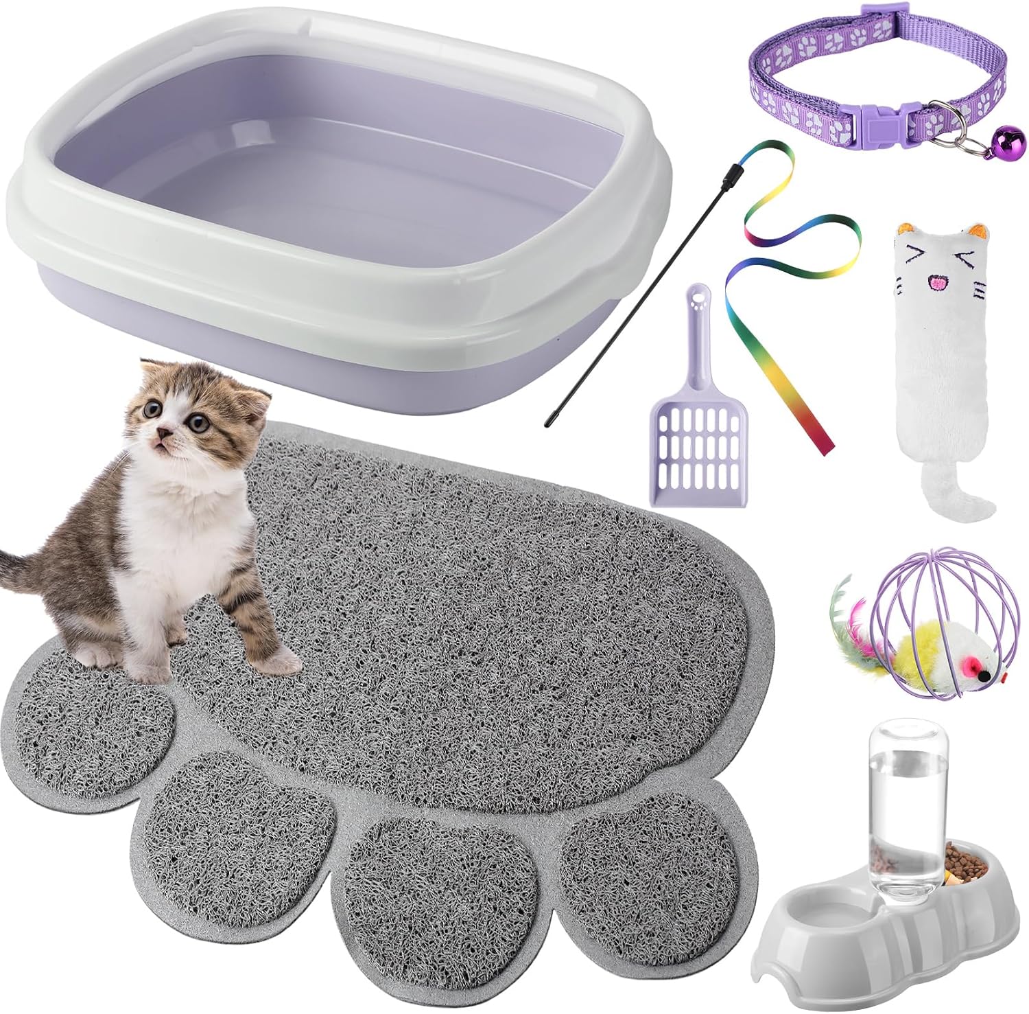 7 pcs small cat kitten starter kit cat litter box with shovel paw litter mat double automatic kitten bowls toy teaser stick collar essentials kits for 1-3 lbs beginner (stylish, purple)