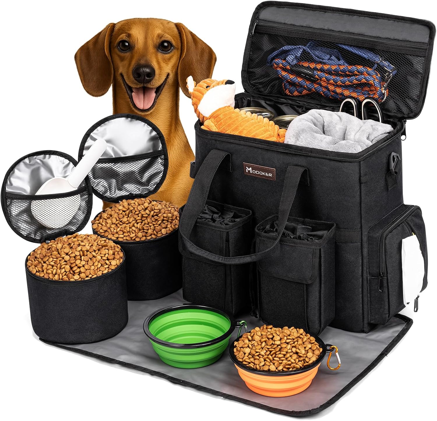 Dog travel bag, airline approved pet carrier for cats and dogs with feeding supplies, bowls, mat, and strap. Ideal for weekend trips.