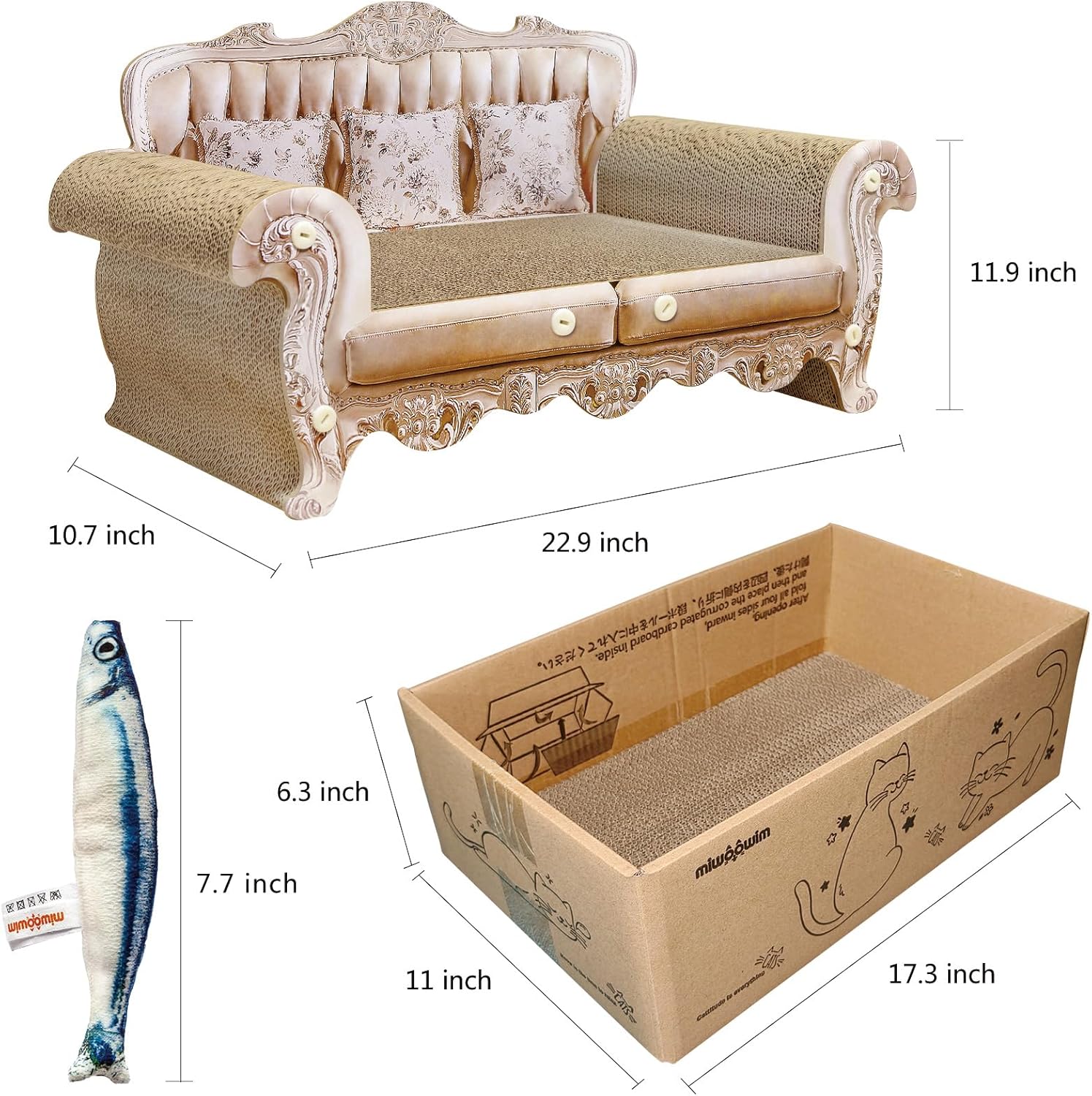 Royal Cat Scratcher Sofa & Box, Durable Cardboard Furniture Guard | Luxury 2PCS Set, 23" Unique Couch & 17.3" Cute Box with Scratch Corrugated Pad, Modern Large Lounger for Indoor Cats - view 2