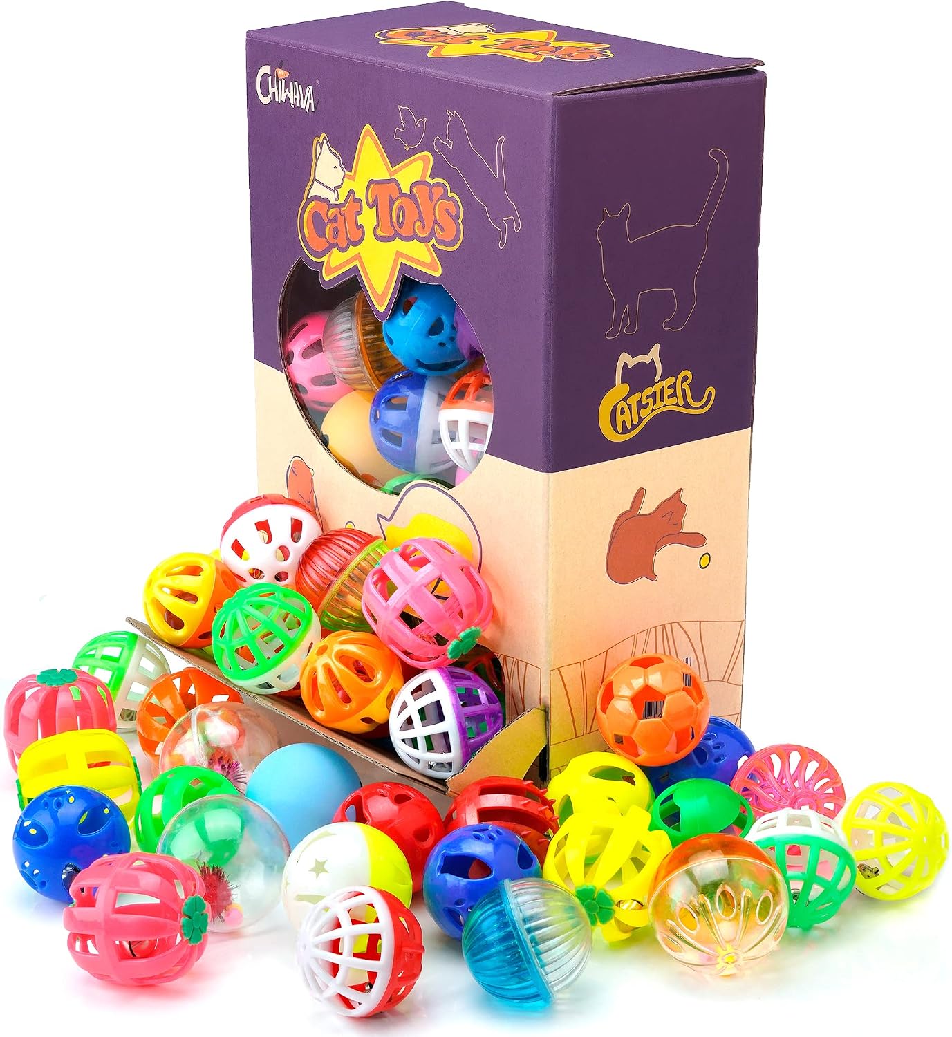 48PCS Plastic Noisy Cat Toy Ball with Bell Kitten Chase Toys 8 Type | Jingle Balls Kitten Chase Pounce Play,Cats Interactive Toy,Lightweight Indoor Exercise Plays, Assorted Color Size - view 3