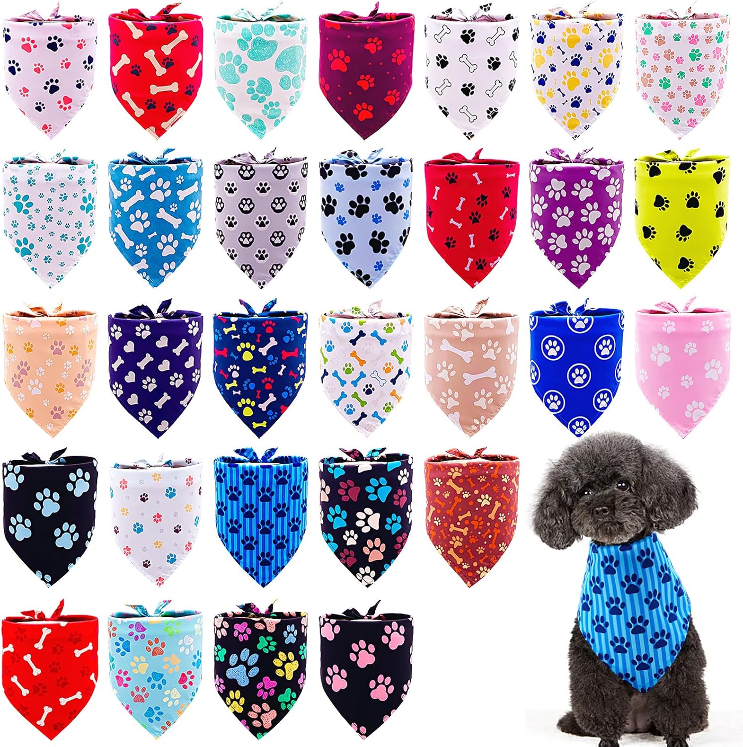 Paw print dog bandanas bulk for small dogs sewn edge 18" 30pcs S | hemmed dog bandanas for dogs polyester small dog bandana bulk for pets groomer dog scarves scarfs party grooming