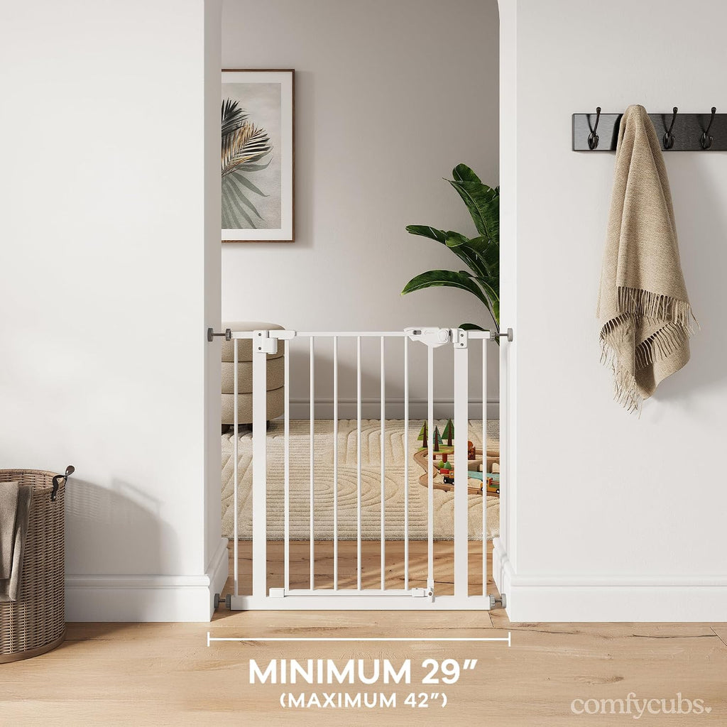Baby Safety Gate with 3 Extensions - Adjustable 42" x 1.9" x 30" Q195 Steel Doorway Barrier - Powder-Coated Finish for Stairs and Doorways - Walk-Through Design Pet Gate - White - view 2