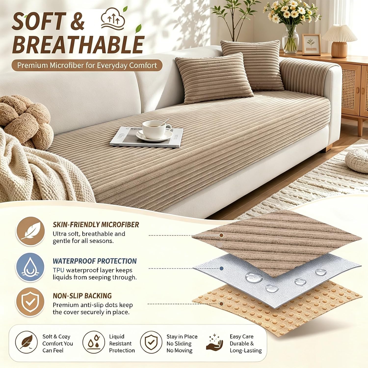 Waterproof couch cover for dogs, sofa covers washable & non-slip, soft dog bed blanket protector for sectional, loveseat, living room furniture (khaki, 35.43"x 82.7" 1 pack) - view 2