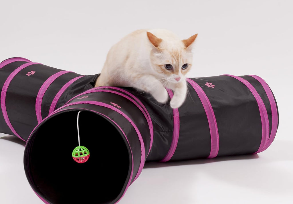 Cat tunnel - collapsible 3 way play toy - interactive tube toys for rabbits, kittens, and dogs - black/pink - view 5