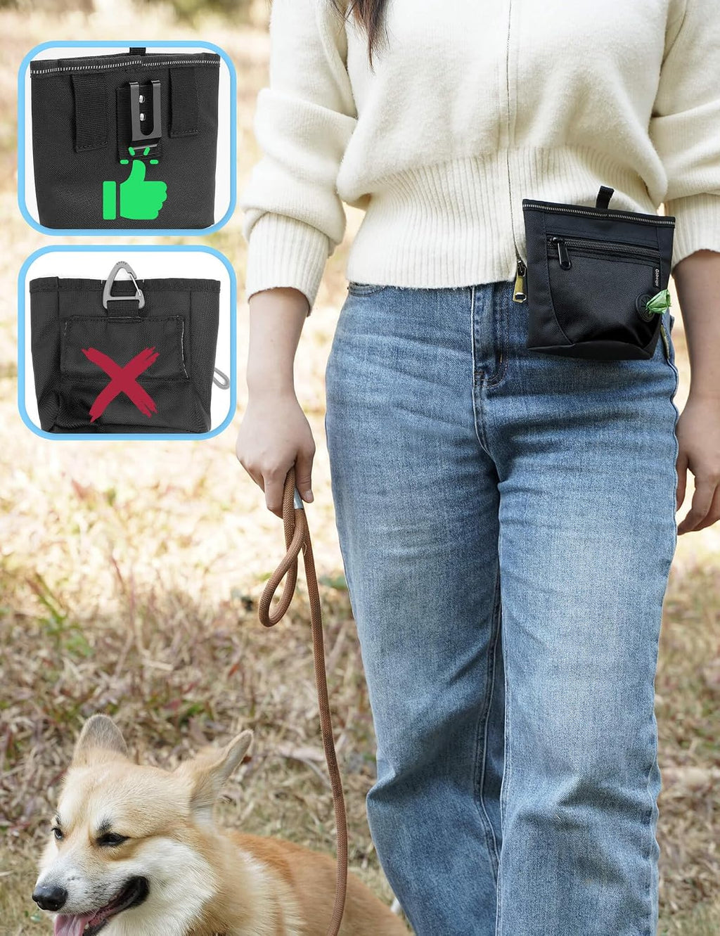 2 Cup Dog Treat Pouch with Silicone Insert Bag& Clicker(Raven) | 2 Pair Magnetic Closures, Zipper Pocket with Poop Bag Holder, Waist Belt & Metal Clip to Wear for Pet Training/Daily Walking - view 4