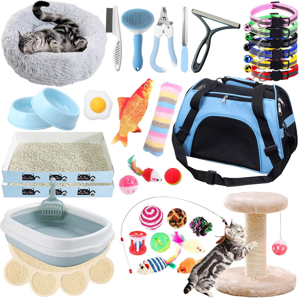 Kitten starter kit, 37 pcs of kitten starter kit for indoor kittens, cat essentials including cat bed, carrier, litter mat, litter box, collar, bowls, cat toys and others (blue) | cat starter kit includes bed, carrier, litter mat, litter box, collar, bow