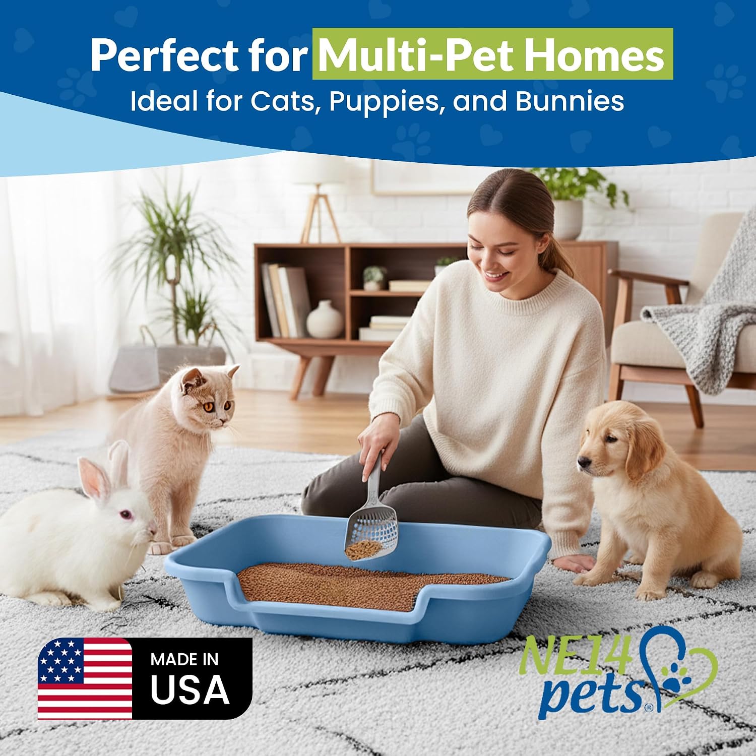 Senior cat litter box, large litter pan, little boy blue | open top low entrance kitty litter box, lightweight low entry litters box, durable design for easy cleaning, made in USA - view 3