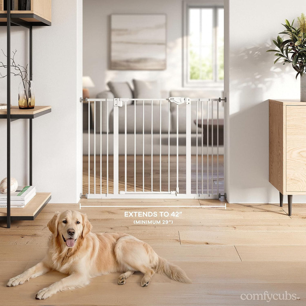 Baby Safety Gate with 3 Extensions - Adjustable 42" x 1.9" x 30" Q195 Steel Doorway Barrier - Powder-Coated Finish for Stairs and Doorways - Walk-Through Design Pet Gate - White - view 4