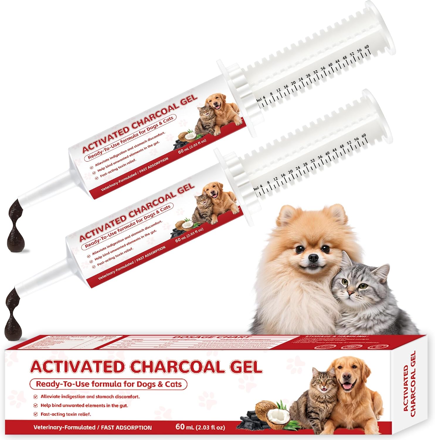 Activated charcoal for dogs & cats, dog first aid kit essential, 2-pack emergency liquid charcoal toxins for travel & outdoor, ingestion & digestive support, 120ml