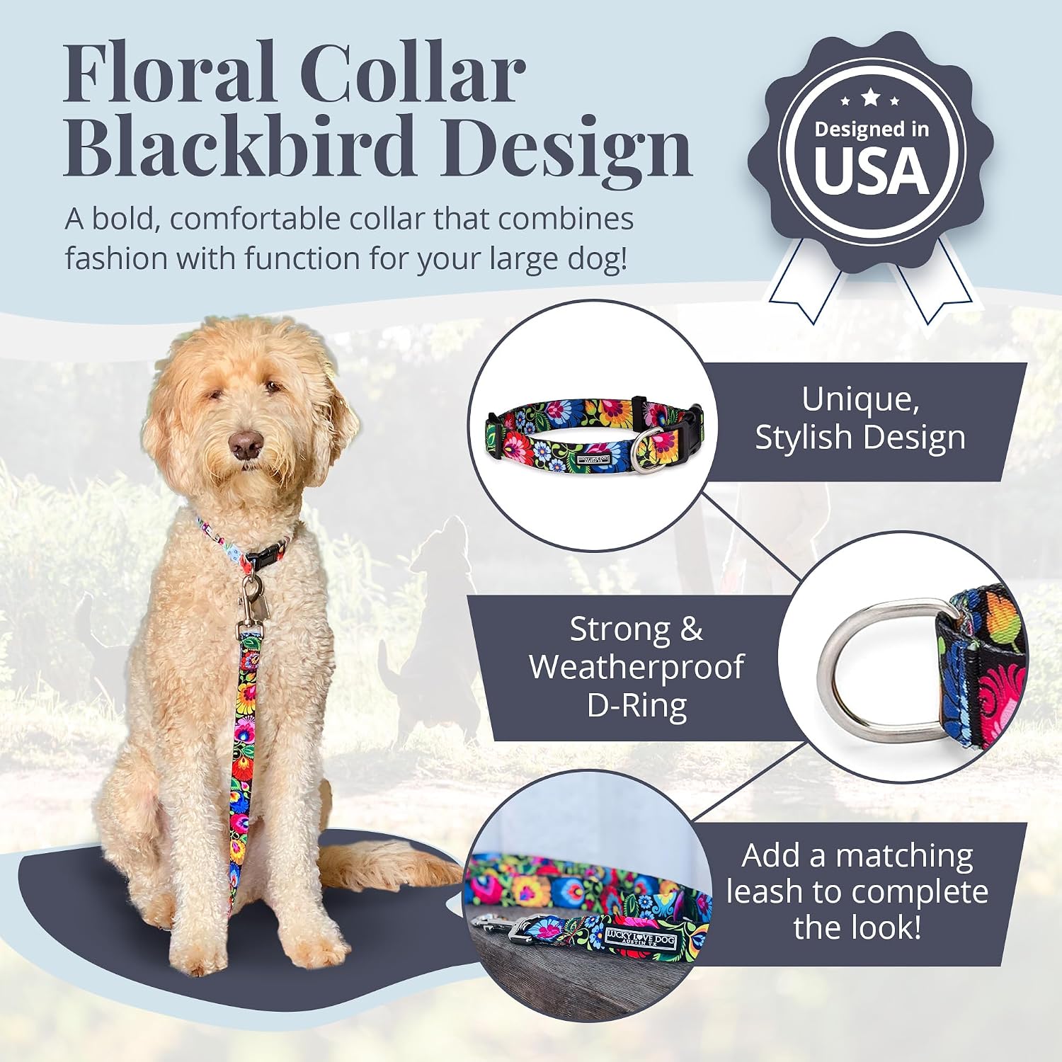 Collar for Large Dogs Cute Adjustable – Blackbird, Large | Cute Dog Collars for Large Dogs | Adjustable Nylon Collar with Easy Click Buckle & Weatherproof D-Ring - view 8