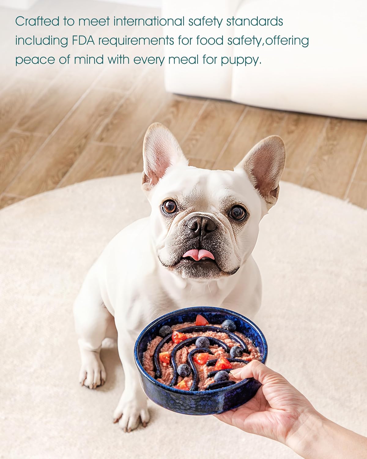 Slow Feeder Dog Bowl, 0.6 Cup Ceramic Slow Feeding Food Dish for Small Breed, Puzzle Dog Food Bowl for Fast Eater, Blue - view 6