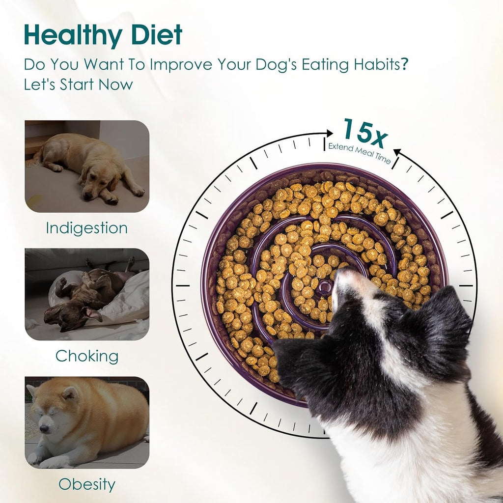 Slow Feeder Dog Bowl, 3 Cups Ceramic Large Puzzle Dog Food Dish | Maze Dog Food Bowl for Fast Eaters, Slow Feeding Design for Large Dogs, Promotes Healthy Eating Habits, Dark Purple - view 6