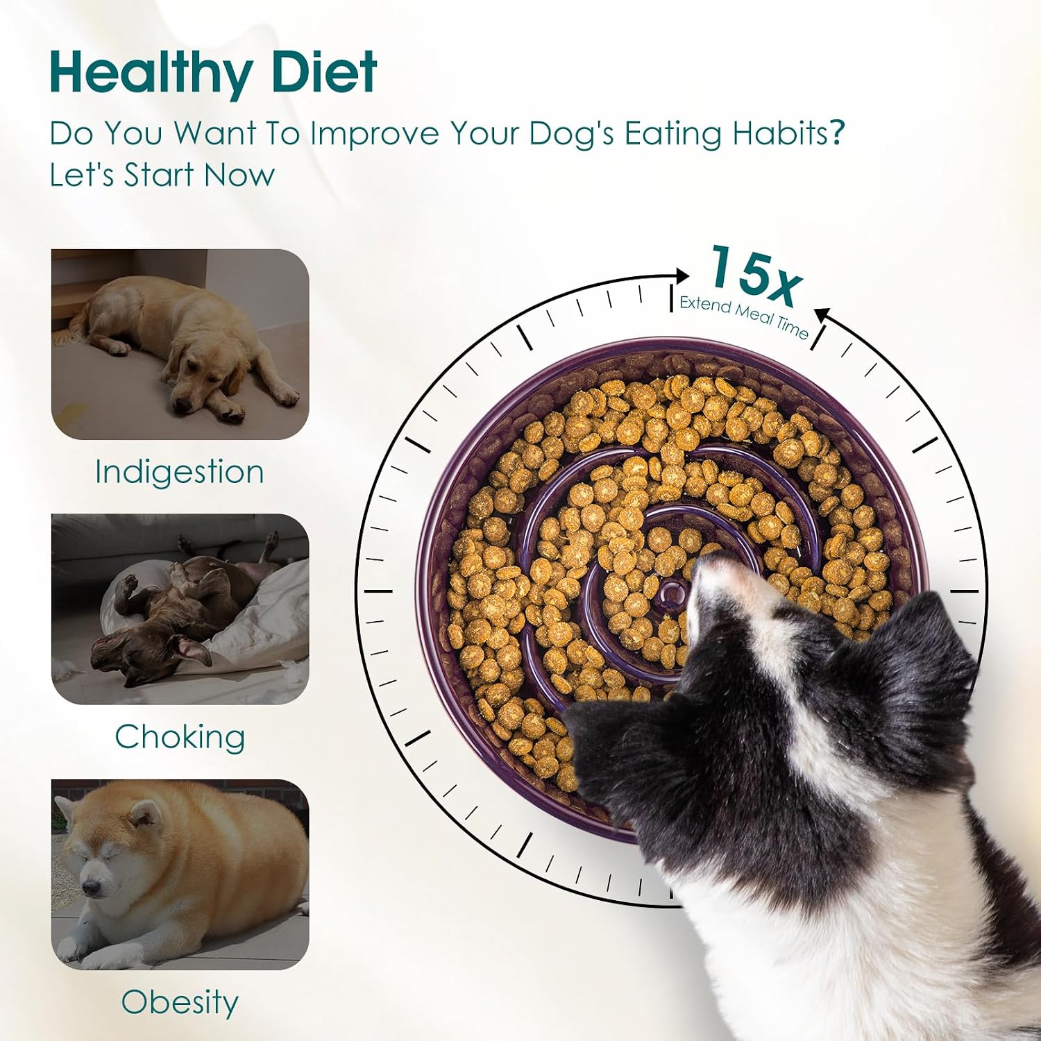 Slow Feeder Dog Bowl, 3 Cups Ceramic Large Puzzle Dog Food Dish | Maze Dog Food Bowl for Fast Eaters, Slow Feeding Design for Large Dogs, Promotes Healthy Eating Habits, Dark Purple - view 6