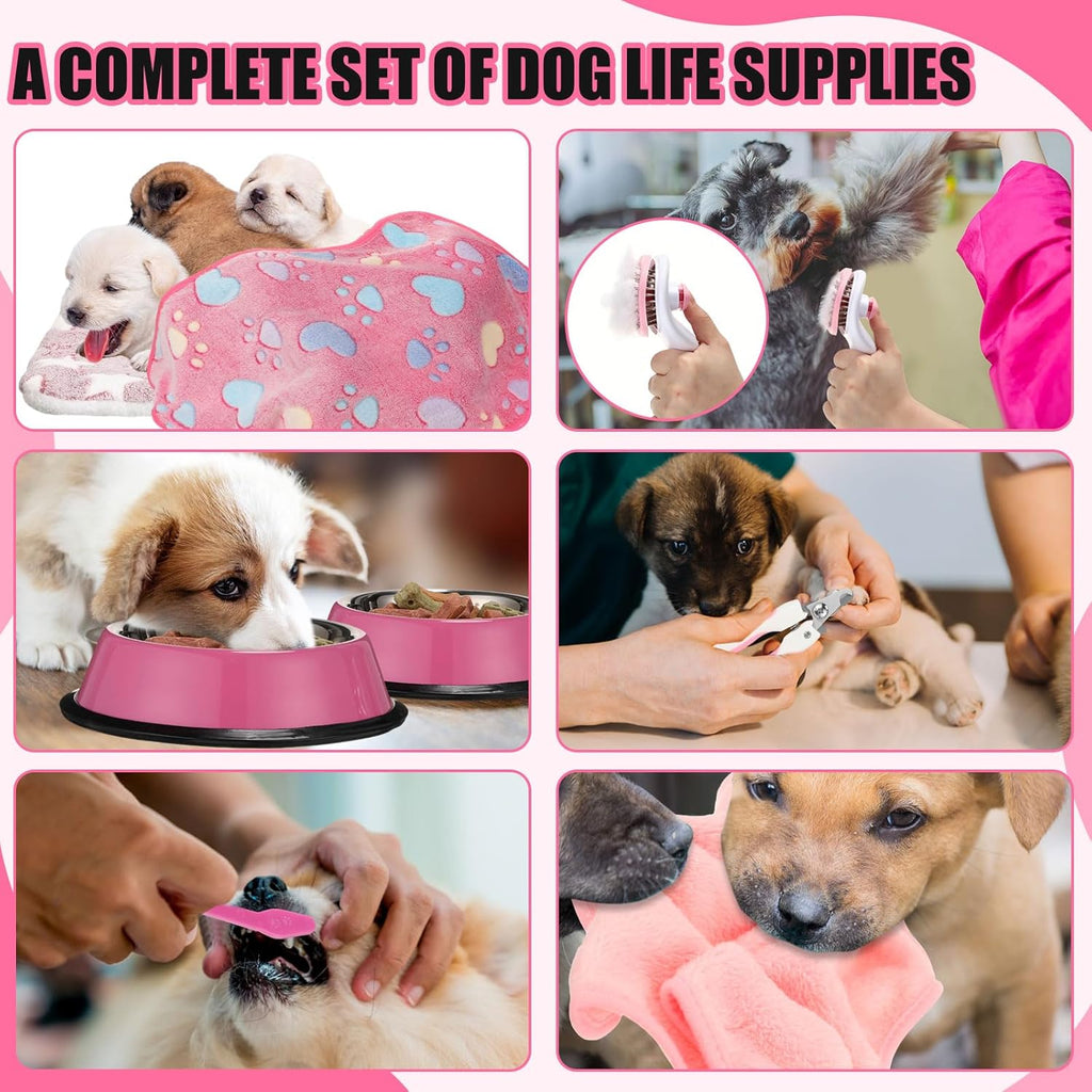 50 Pcs Puppy Supplies Starter Kit for Small Dogs Puppy Essentials Includes Leash, Bowls, Teeth Brushes, Water Bottle, and More Accessories for Dogs Pet Day Welcome Gift(Pink) - view 3