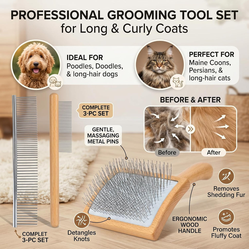 Wooden long pin slicker brush for dog, poodles & doodles long hair | grooming, fluff & detangle heavy dense wavy curly coats to easily prevent severe hair matting during shedding seasons - view 6