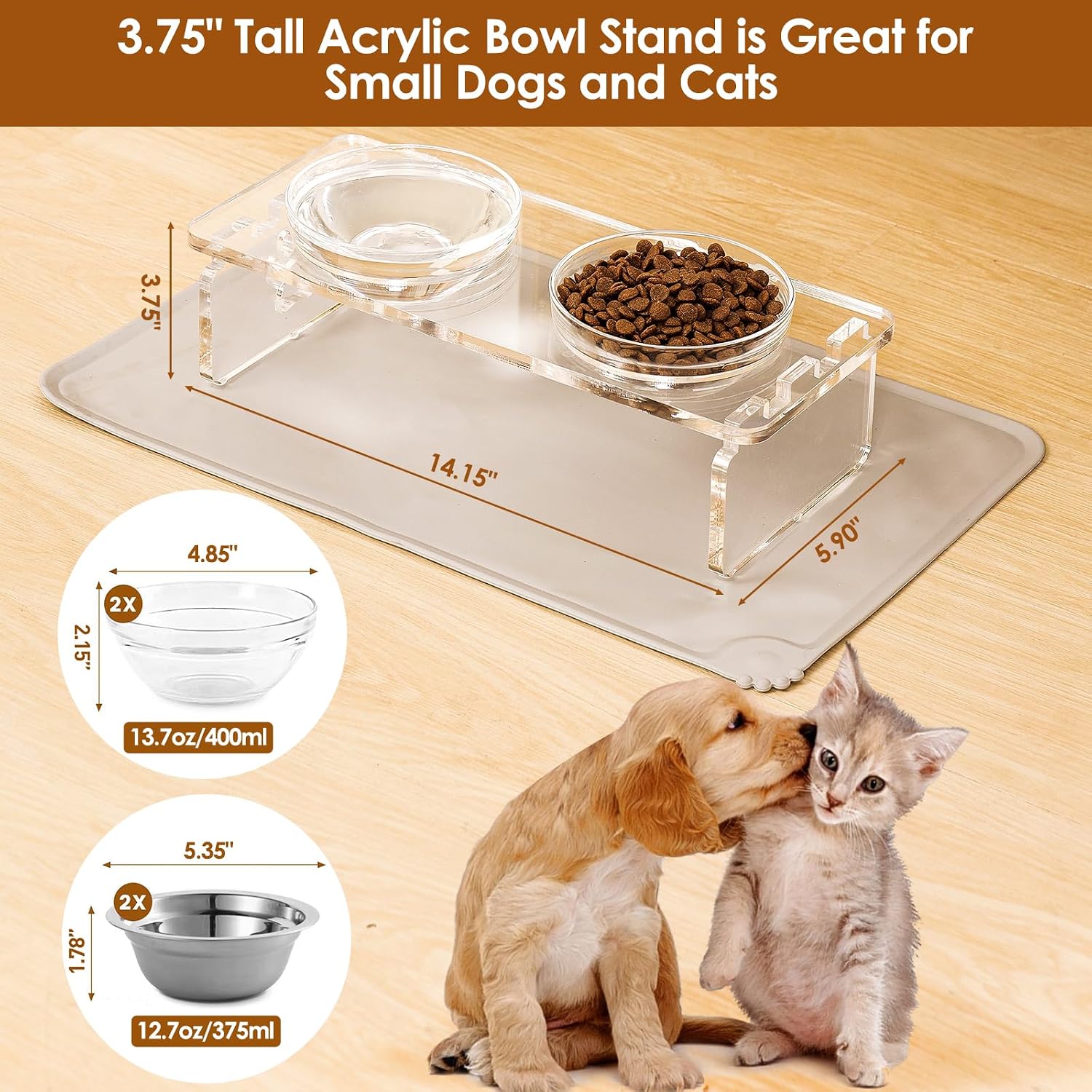 Elevated dog & cat bowls – 3.75" acrylic raised pet feeder stand with 2 stainless steel & 2 glass bowls – food & water dish set for puppy/small dogs & cats - view 4