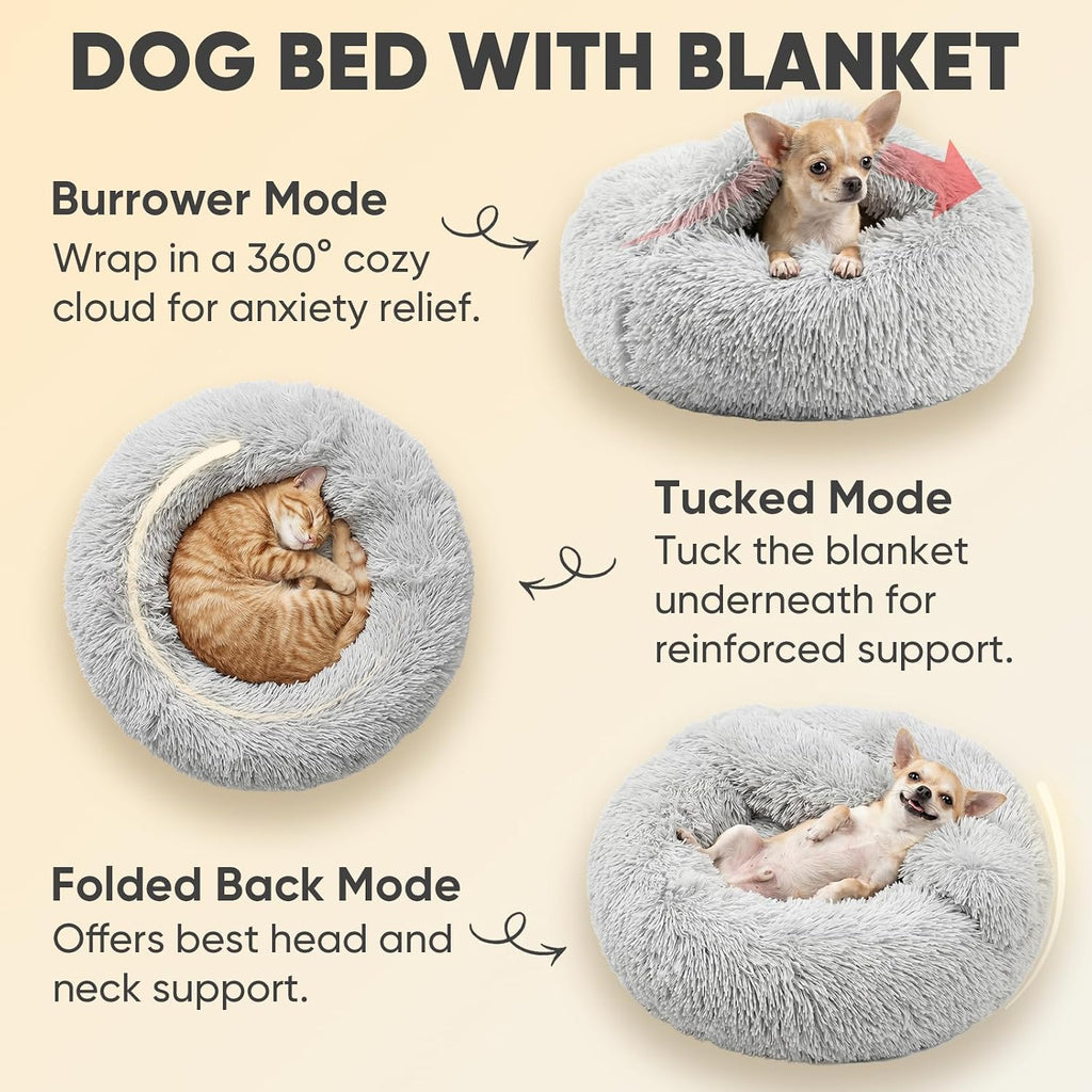 Small cat & dog bed with cover, calming dog bed for small dogs, anti-anxiety donut dog bed with attached blanket, washable round fluffy pet bed (20"/26"/35"), light grey - view 5
