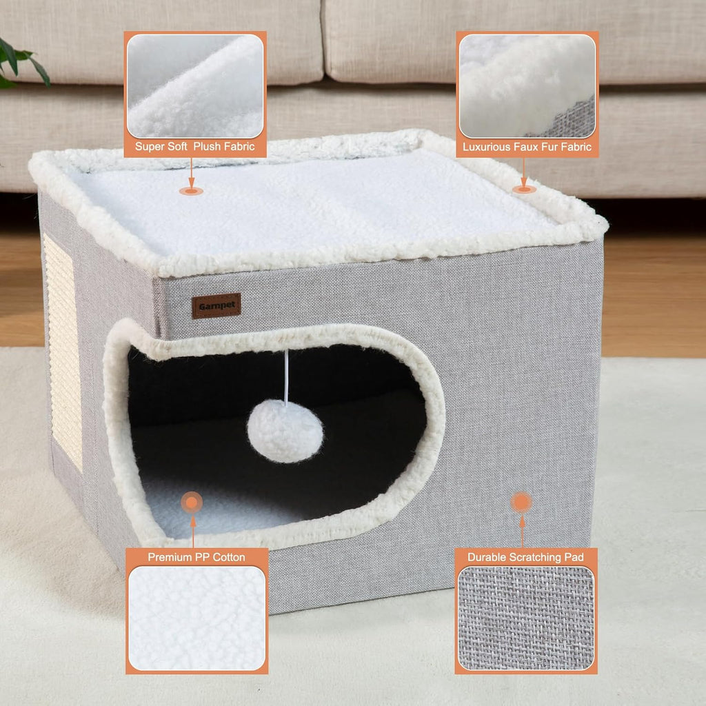 Cat Bed for Indoor Cats Cube House, Covered Cat Cave Beds & Furniture with Scratch Pad and Hideaway Tent, Cute Modern Cat Condo for Multi Small Pet Large Kitten Kitty, Grey - view 6