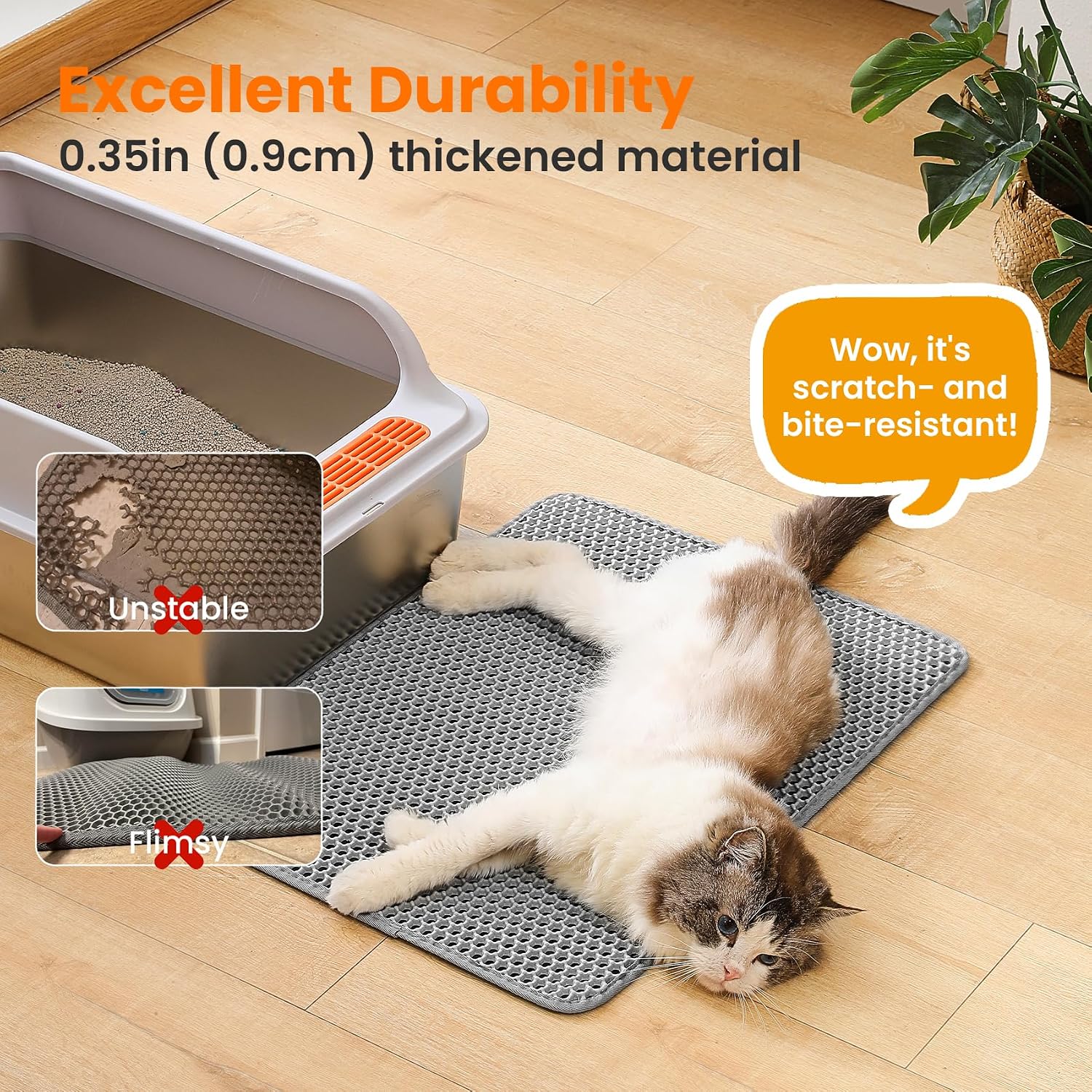 Cat litter mat, double layer honeycomb litter box mat | 24x18", efficient litter trapping, easy to clean, waterproof, non-slip, soft on paws, scratch resistant, gray, large - view 6