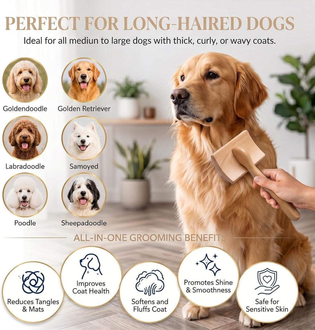 Wooden long pin slicker brush for dog, poodles & doodles long hair | grooming, fluff & detangle heavy dense wavy curly coats to easily prevent severe hair matting during shedding seasons - view 4