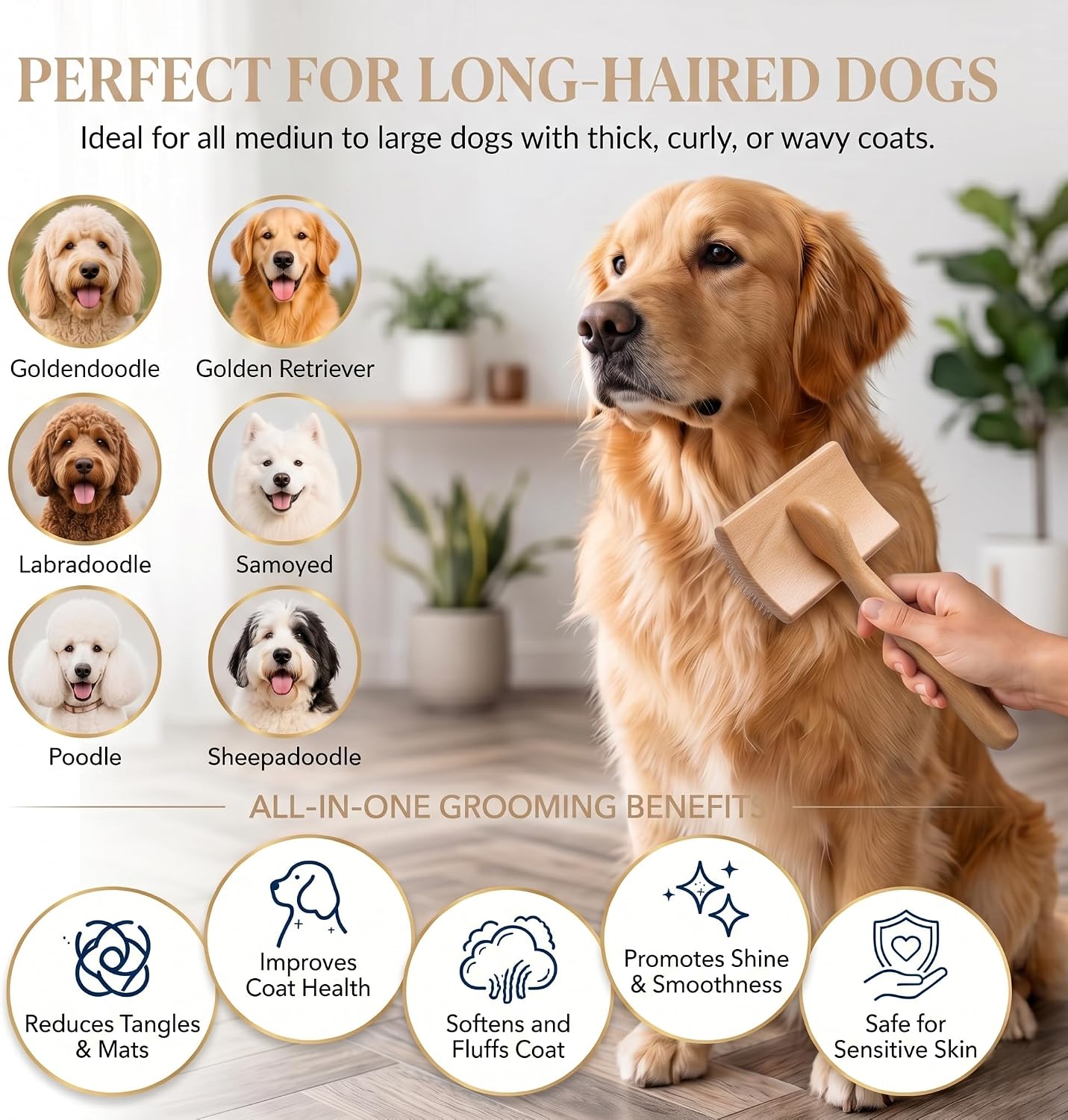 Wooden long pin slicker brush for dog, poodles & doodles long hair | grooming, fluff & detangle heavy dense wavy curly coats to easily prevent severe hair matting during shedding seasons - view 4